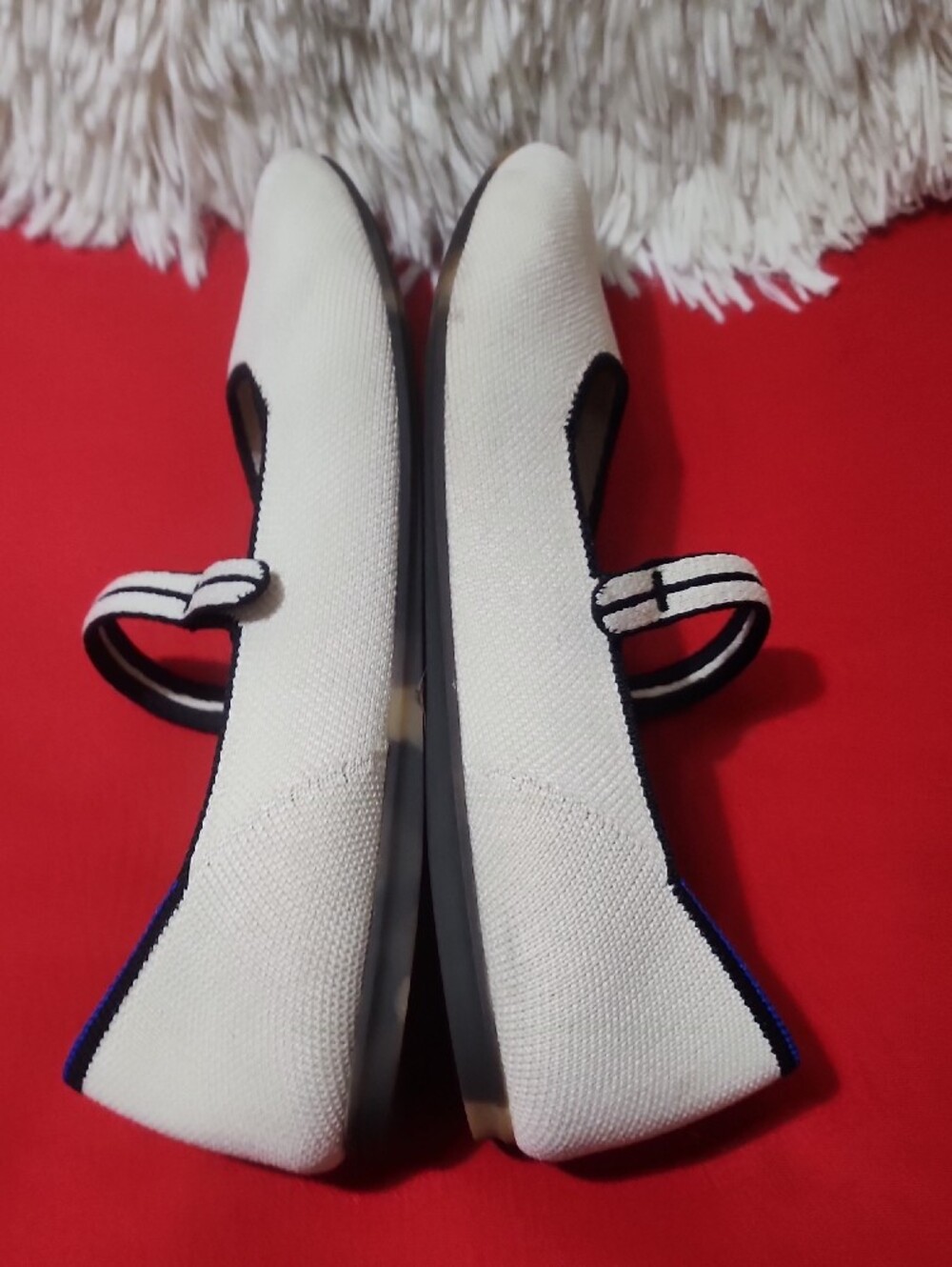Rothy's The Square  Cream Mary Jane Flats with Black Trim and Blue Edge - Picture 7 of 11